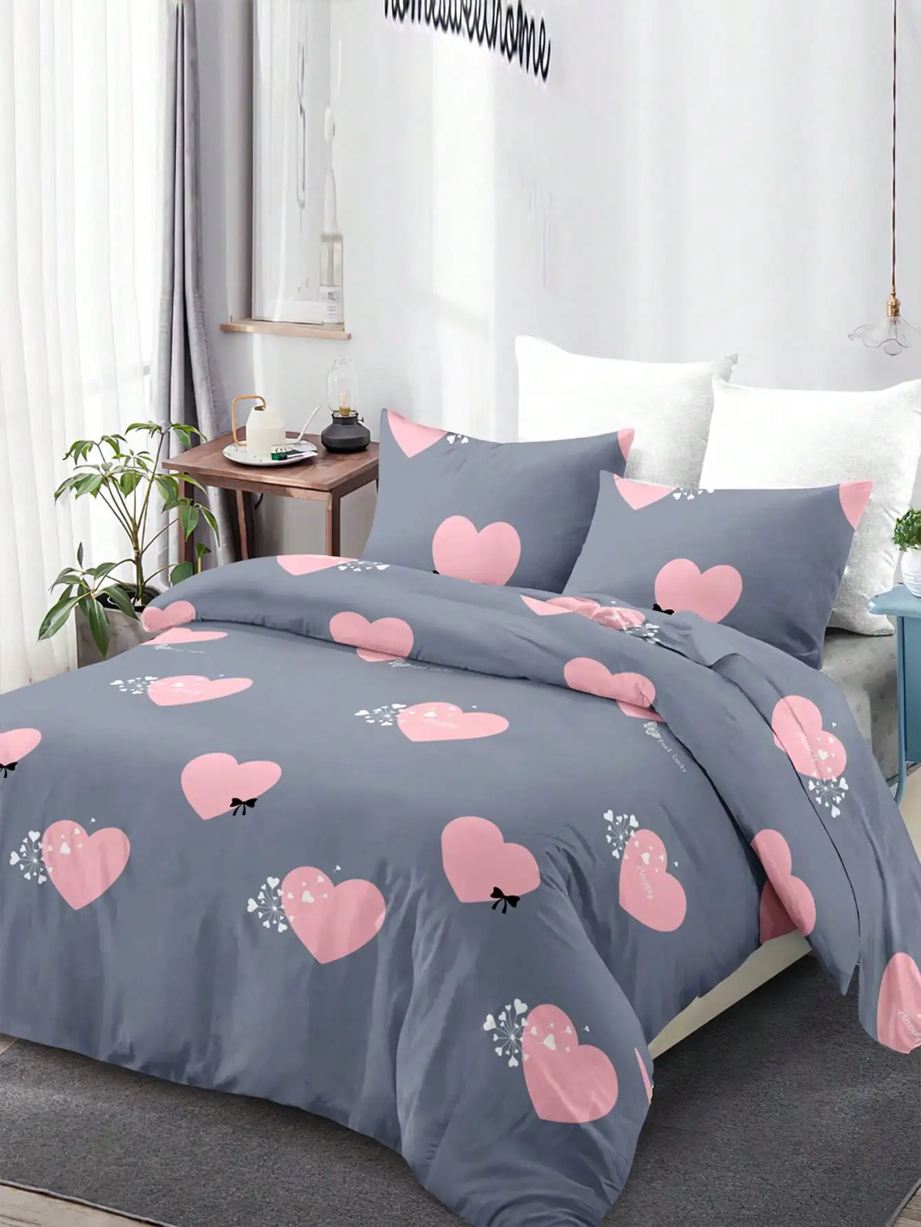 

Комплект постельного белья из 3 предметов с принтом в виде сердец и одуванчиков - мягкий полиэстер, можно стирать в машине