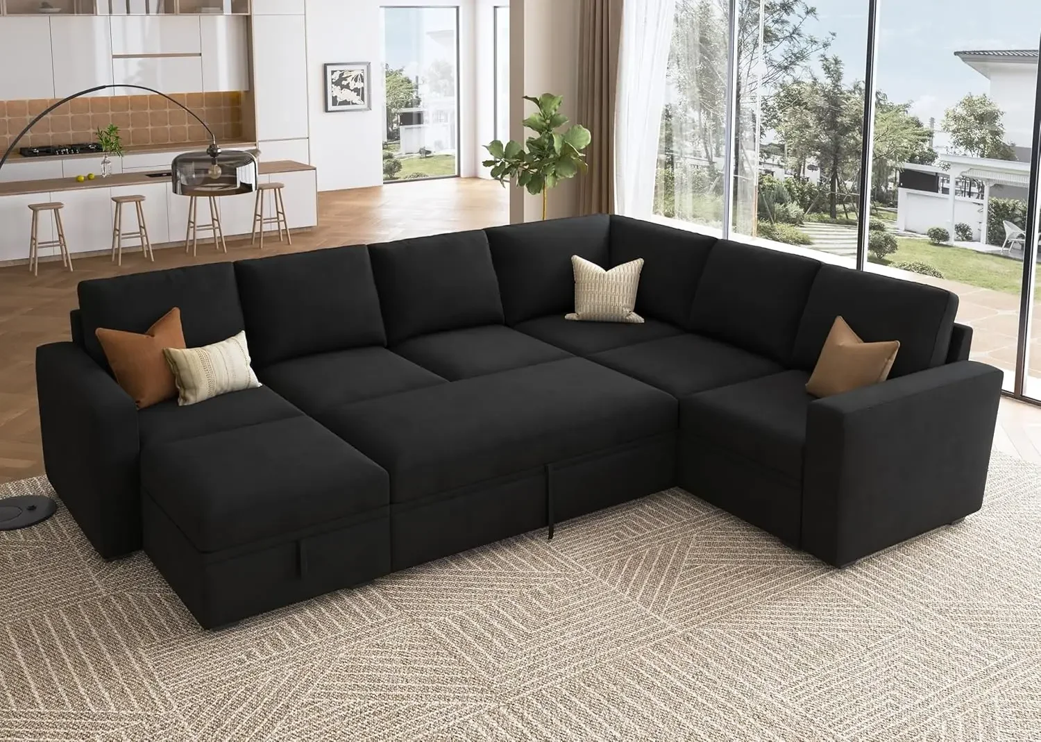 

Modular Sectional Sleeper Sofa with Pull Out Bed,Velvet U Shaped Sectional Couch with Storage Ottoman Convertible 7-Seater Sofa