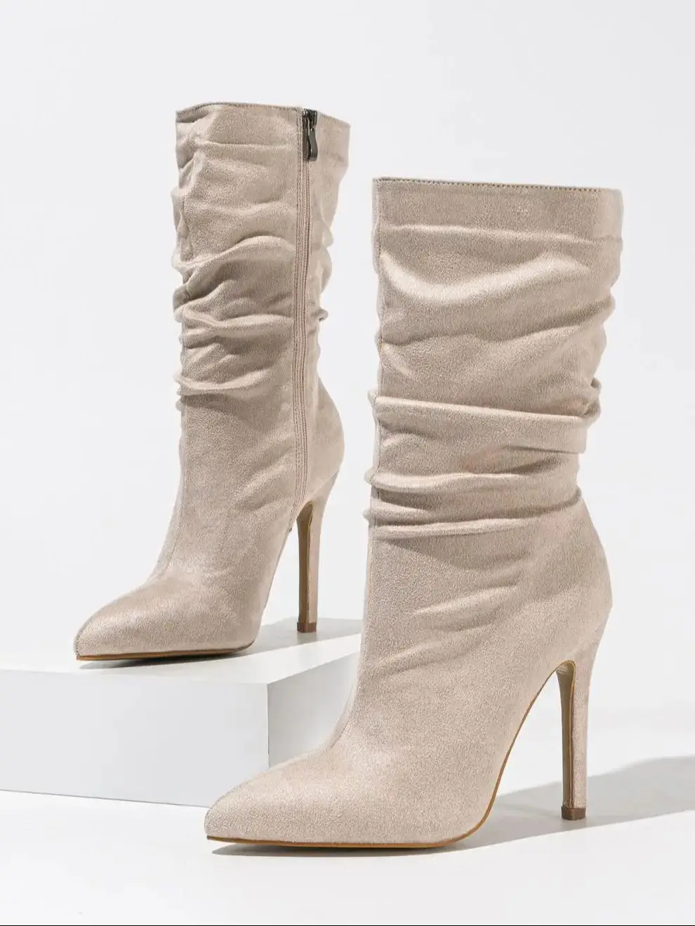 Women's Elegant Slim Mid-Calf Fashion Boots Autumn Winter Pointed Toe Ruched 10cm Heel Side Zipper Faux Suede Outdoor