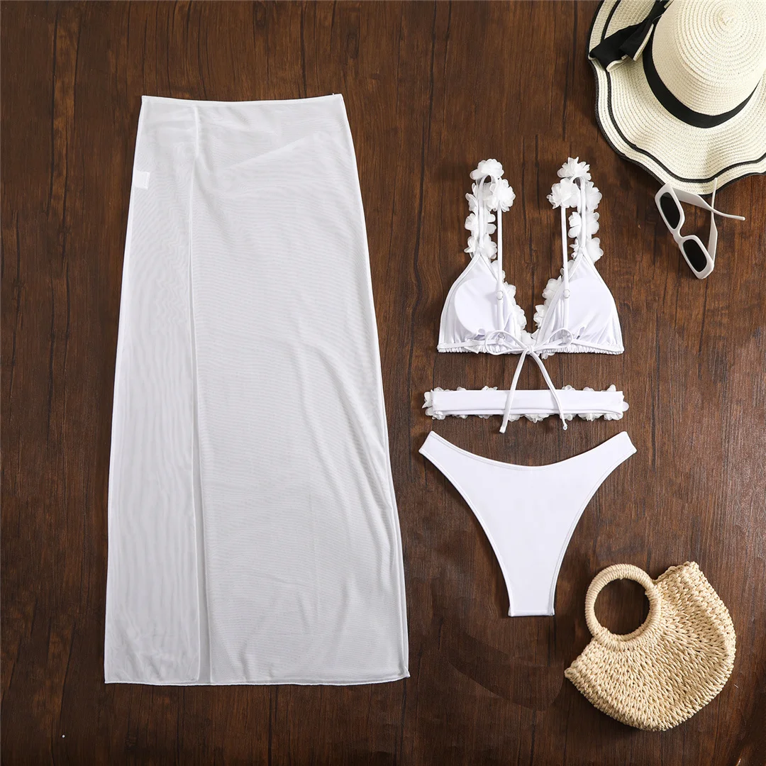 Mit Rock, 3D-Blumen, V-Ausschnitt, Bikini, Damen-Badebekleidung, dreiteiliges Bikini-Set, Damen-Badeanzug, gepolsterter Badeanzug, Badebekleidung, V6505. – Detail 10