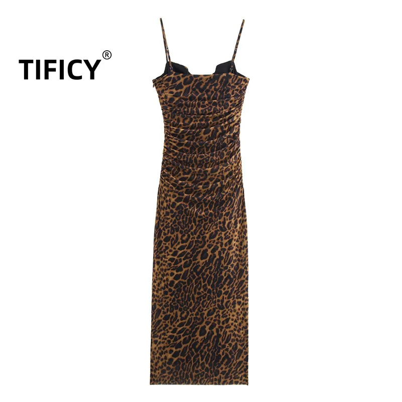 

TIFICY Fashion Bodycon Dresses Women's Summer New Pleated Printed Silk Mesh Slim Fit Suspender Streetwear Dress Vestidos