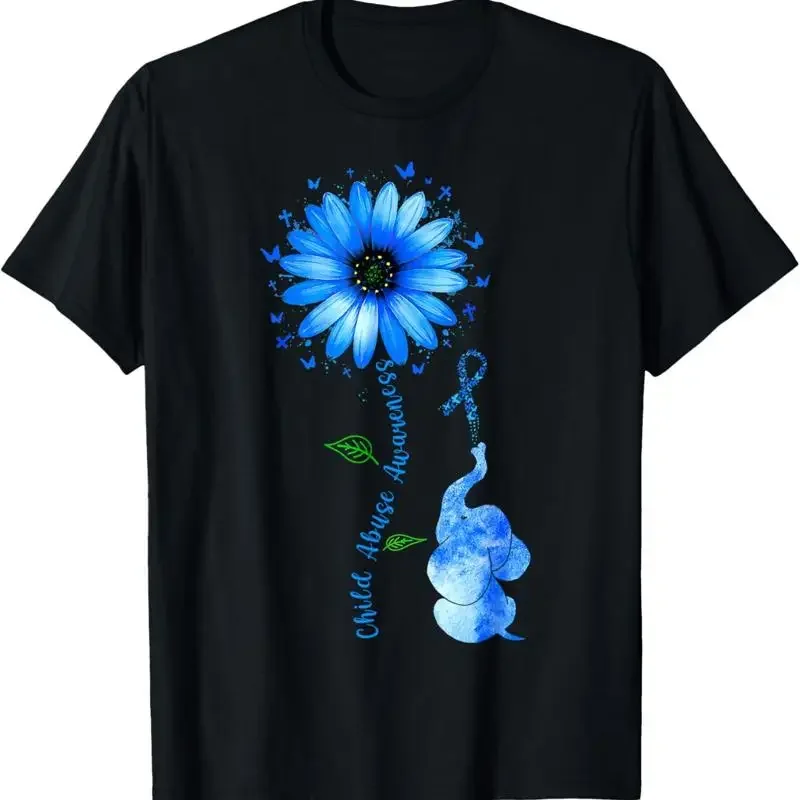 Child Abuse Awareness Sunflower Light Blue Ribbon Elephant T Shirt