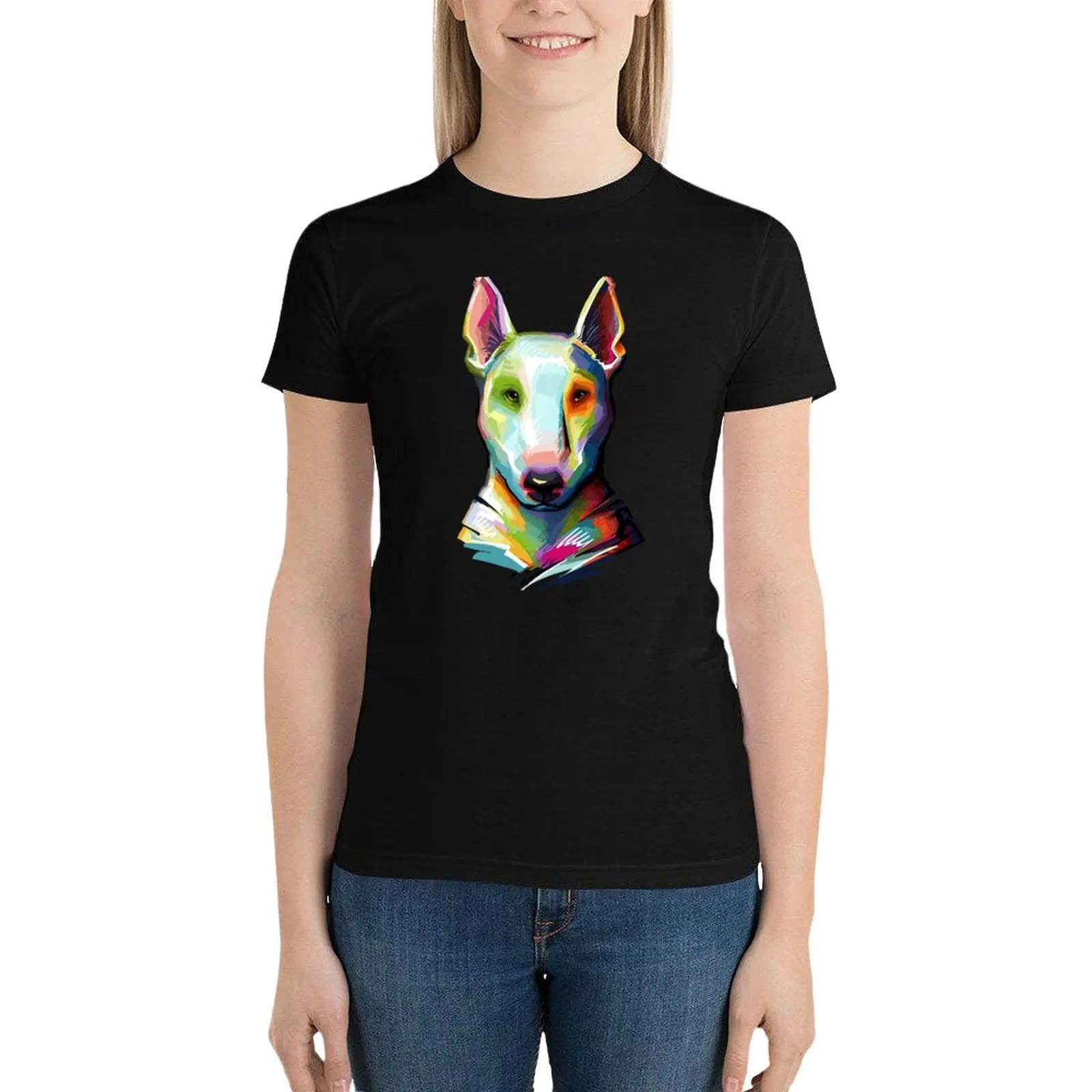 Bull Terrier Colorful Painting T-Shirt funny Short sleeve tee cute tops black t-shirts for Women