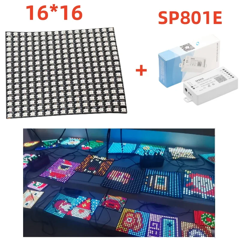 DC5V WS2812B RGB LED Pixel Panel Light 8x8 16x16 8x32 Digital Flexible Screen Individually Addressable SP801E Led Controller Kit