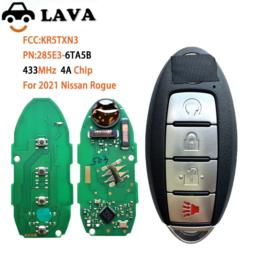 

LAVA FCCID: KR5TXN3 PN: 285E3-6TA5B S180144503 For 2021 Nissan Rogue Smart Remote Key 433MHZ 4AChip With Logo Sticker