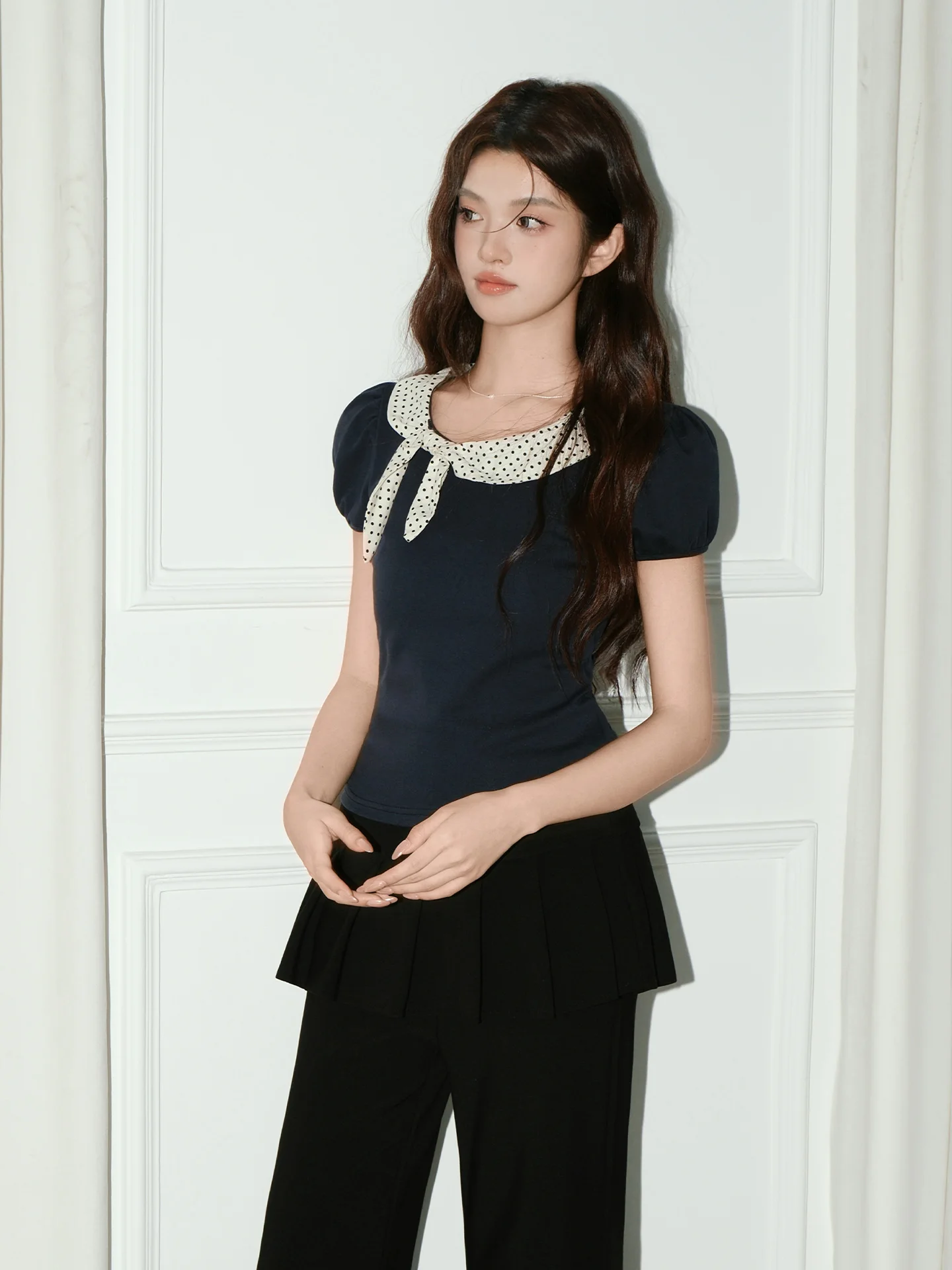 Korean Style College Fashion  Knot Short Sleeve T-Shirt Women's New 2026 Summer Lace Collar Dark Blue Top Trendy