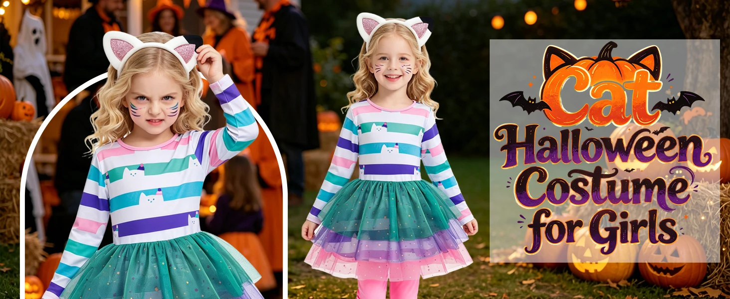 Neue Kinder-Freizeitsets Katzen-Regenbogen-Streifen-Mesh-Tutu-Kleid mit Hose Mädchen-Halloween-Outfit Karneval Geburtstagsparty-Geschenke – Detail 2