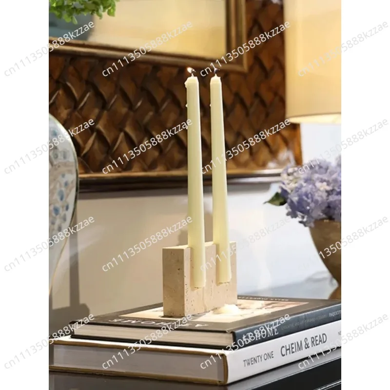 2 Holes Marble Candlestick Holder for Wedding Dinning Party Vintage Travertine Stone Taper Candle Holder for Table Centerpiece