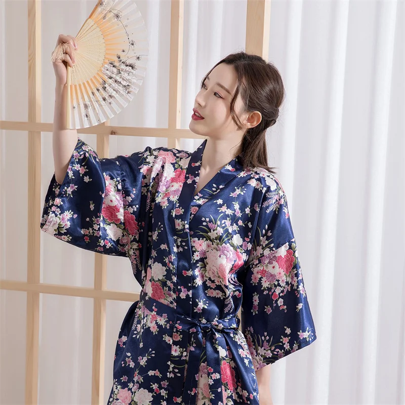 Japonský kimono dámská klasický talár sexy potištěné hedvábí imitace noční košile pyžamo svetr talár dlouhé ležérní župan loungewear