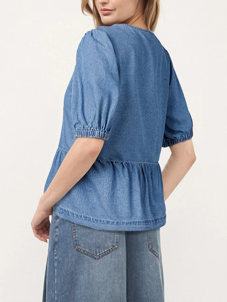 Women's Short Sleeve Casual Style Cotton Material 2024 New Fashion Bubble Sleeve Strap Round Neck Denim Shirt