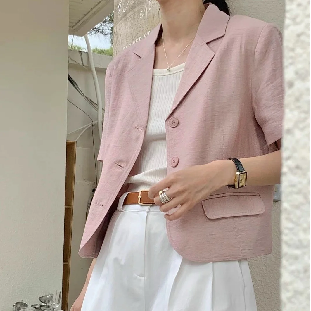 Korean Style Chic Sweet Temperament Shawl Collar Single Row 3 Button Loose Casual Versatile Short Sleeve Suit Jacket