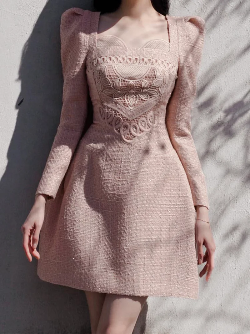 فستان نسائي للحفلات الراقصة على الطراز الفرنسي ، للسيدات أنيق ، بأكمام طويلة ، مطرز ، نحيف ، تنورة قصيرة ، فساتين حفلات سهرة نسائية #3