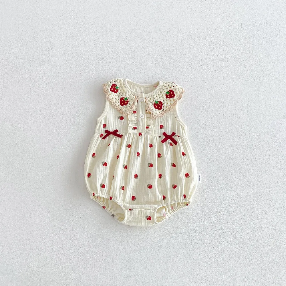 INS Summer Baby Girl Romper 0-2Years Cute Newborn Princess Girls Sleeveless Strawberry Lace Collar Cotton Bodysuit Clothes