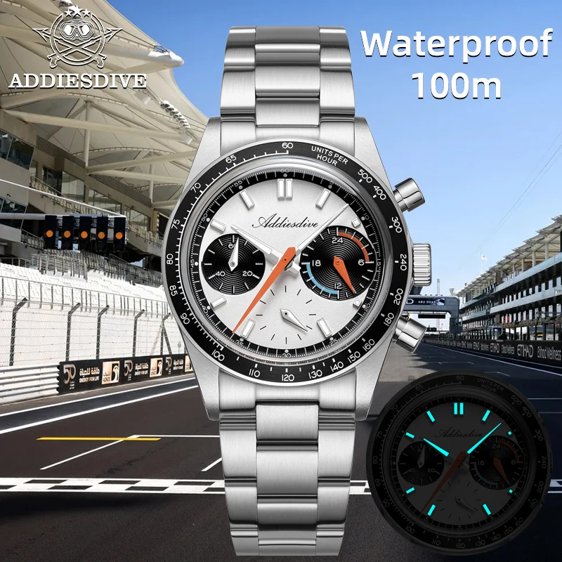 

ADDIESDIVE Men VK63 Chronograph Quartz Watch 37mm Domed Bubble Glass 100M Waterproof Wristwatch BGW9 Luminous 316L Steel Watches