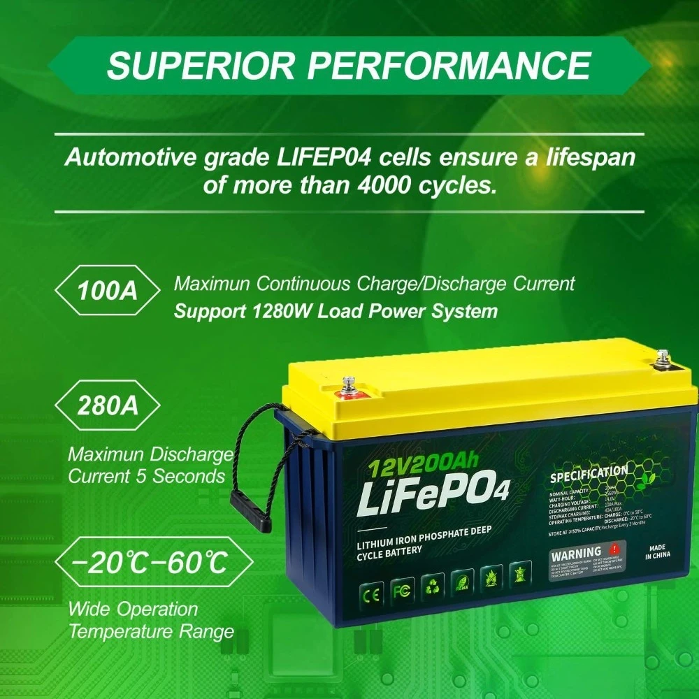 12V 200AH LiFePO4 Lithium RV Battery, Perfect for Solar System, Marine, 2560Wh 5000+ Deep Cycles, Built in BMS with 10 Yrs