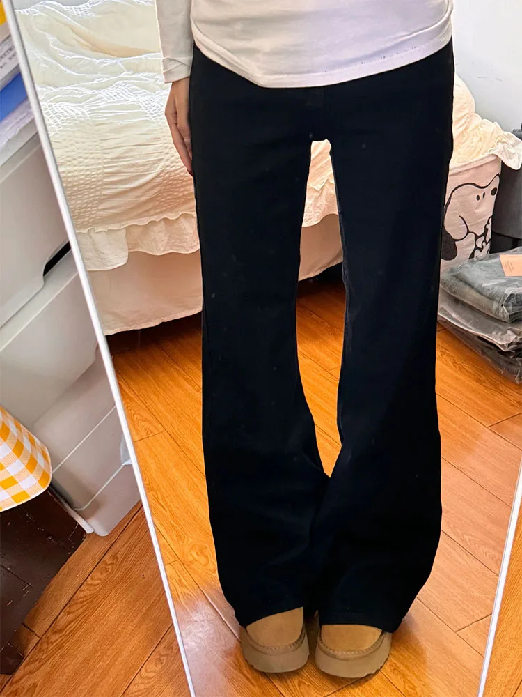 กางเกงยีนส์เดนิมทรงขากว้างเอวสูงสำหรับผู้หญิง ทรงหลวม ขาบาน สไตล์ใหม่สำหรับฤดูใบไม้ร่วง ไซส์พลัส ผ้าฝ้ายยืดกระชับสัดส่วน