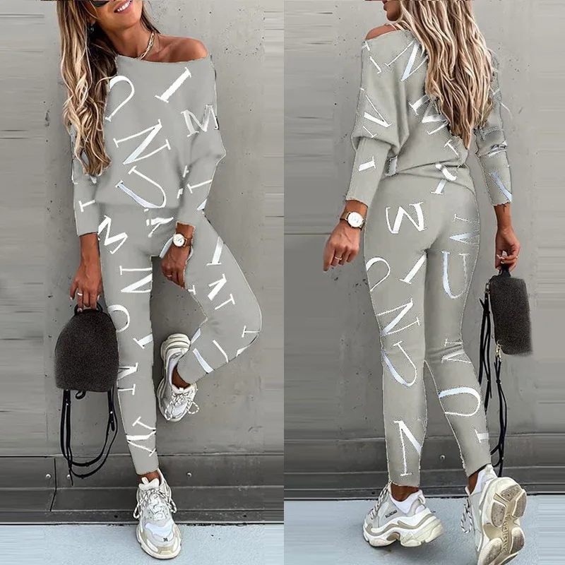 

American style fashionable one-piece neckline off-shoulder letter print long-sleeved pants casual sports suit for women