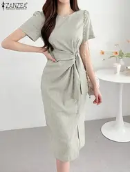 ZANZEA Summer Short Sleeve Bodycon Dress Elegant Solid Women's Sundress Female Work OL Dresses Lace Up Split Vestidos Robe Femme