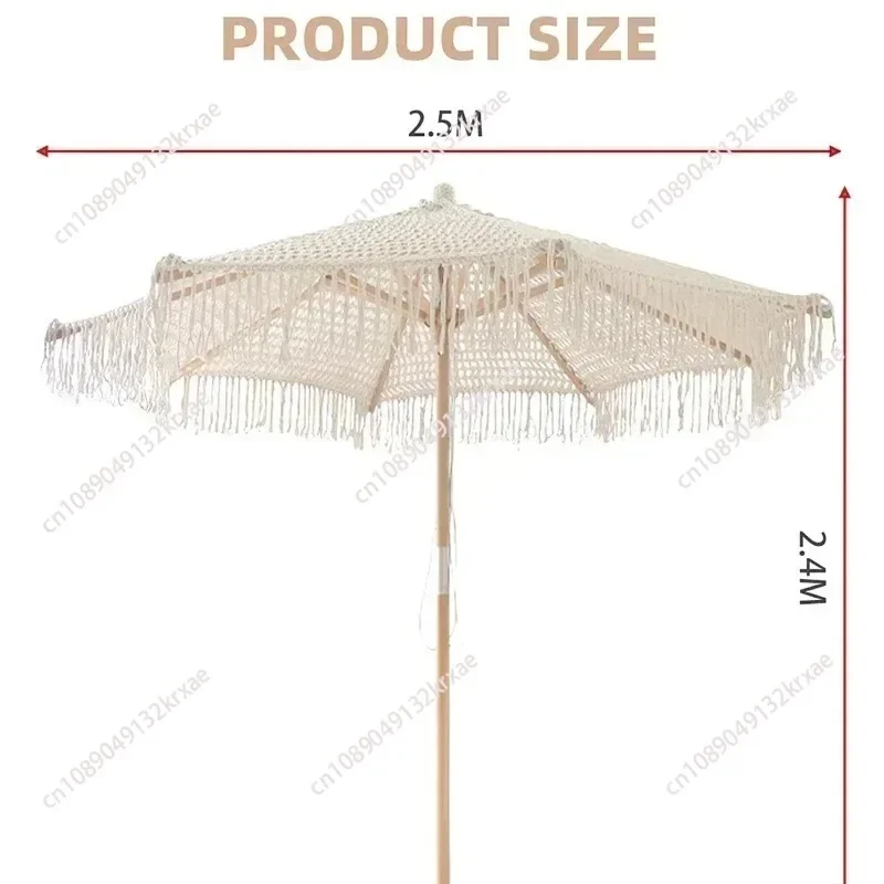 Parasol 2.5m wooden pole, handmade tassel, woven umbrella surface, beach umbrella, tassel