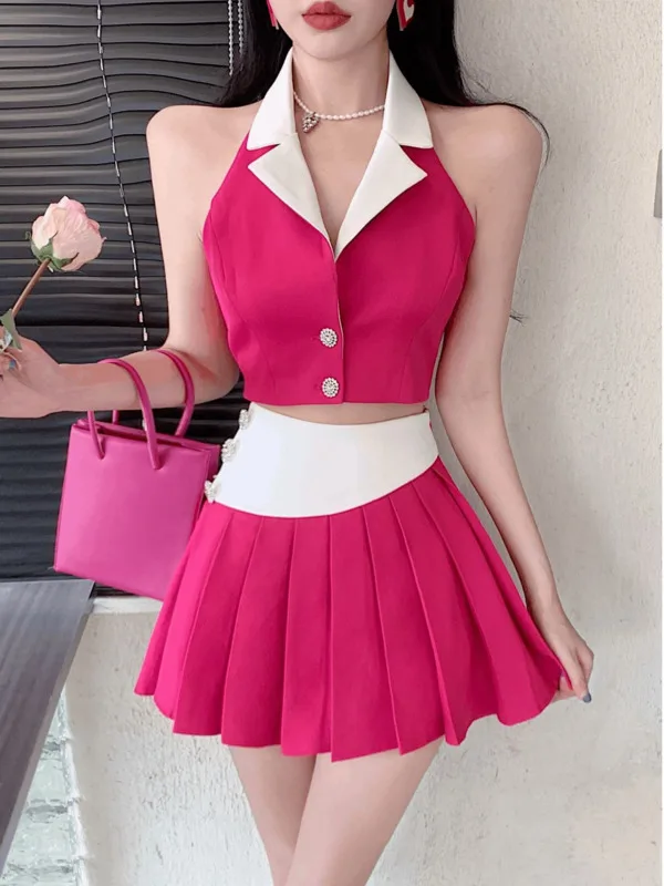 Summer new hanging collar suit vest+pleated short skirt for women 2024 new Korean design paired with fashionable trend set OLWM