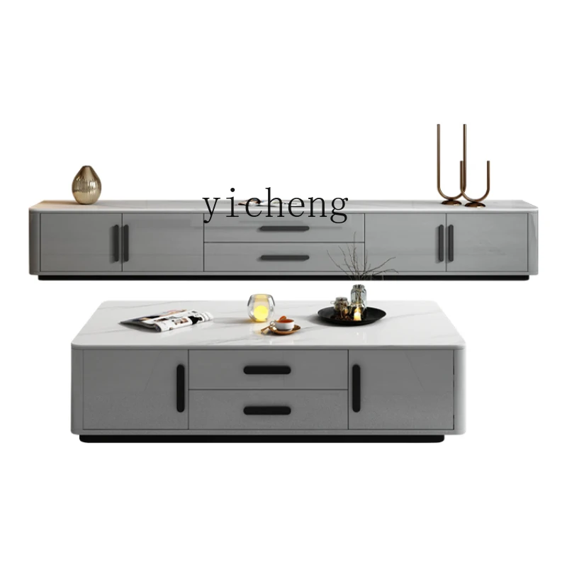 Tqh Stone Plate TV Cabinet and Tea Table Combination Modern Light Luxury Home Living Room New Floor Cabinet