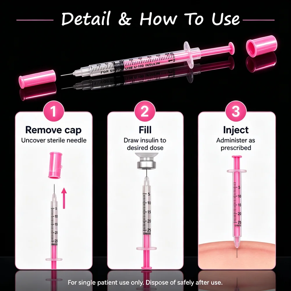 100 Stück Hellrosa Insulinspritze 1ml 30G 8mm Einweg-Sterile Injektionsspritze mit Nadel Einzeln Verpackt – Detail 2