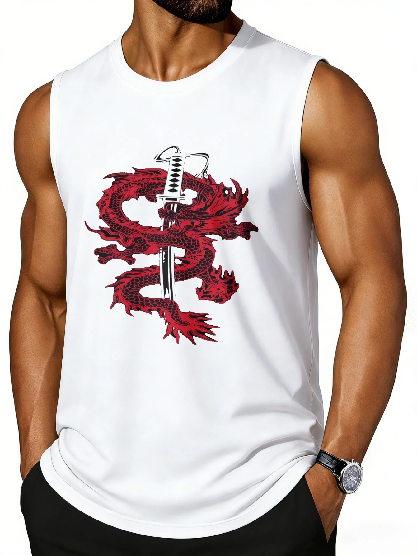 CLOOCL Red Dragon and Sword Printed Tank Top Fashion Sports Tank Top Men's Summer Casual Sleeveless T-shirt