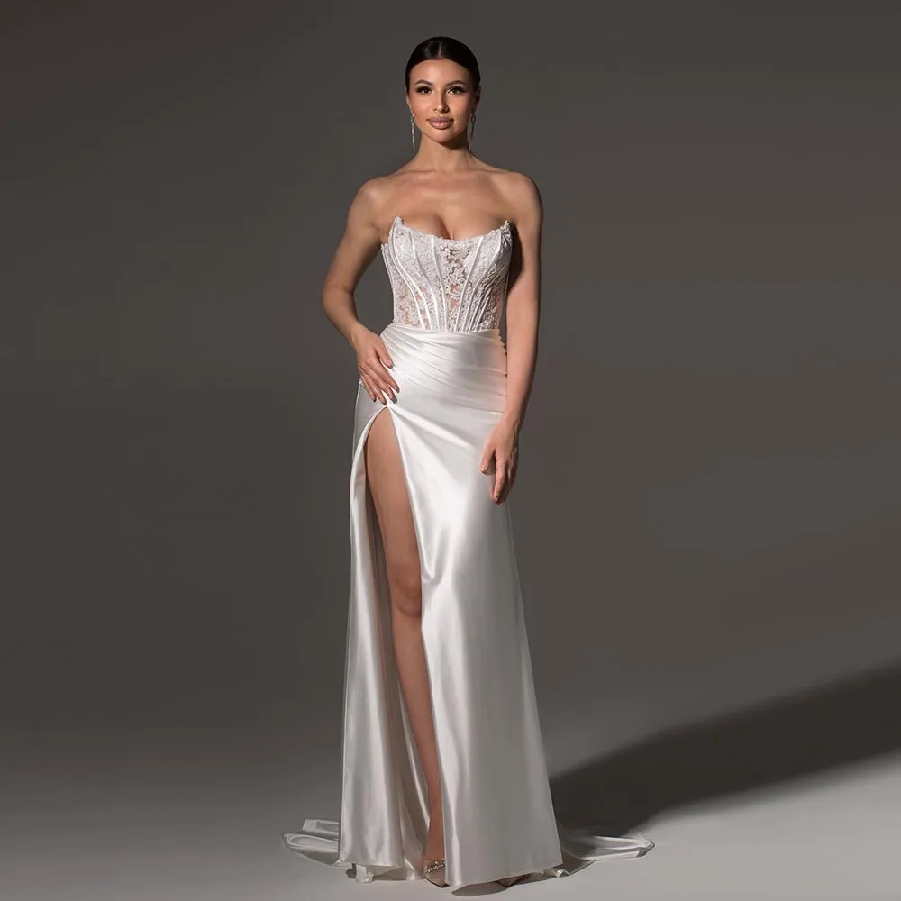 

Customized V-neck Lace Applique A-line Wedding Dress For Woman Bride Sleeveless Off Shoulder Slit On The Skirt Bridal Gown