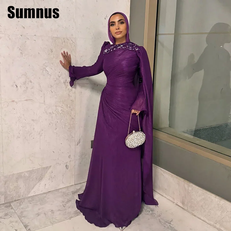 

Sumnus Elegant Mermaid Evening Dress Purple Floor-Length Long Sleeves Arabic Celebrity Formal Gowns فساتين سهرة Customized