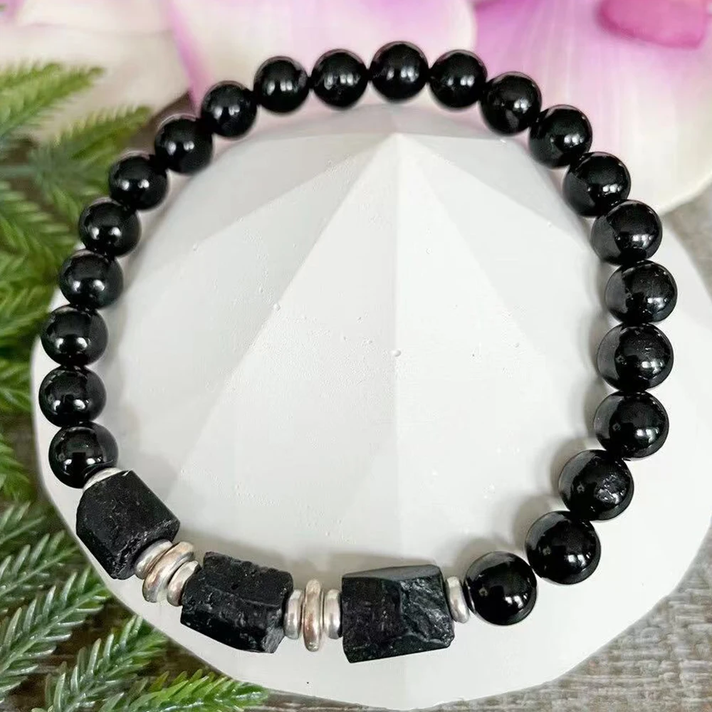 Ruberthen New Design 6mm Raw Black Tourmaline Energy Protection Bracelet Root Chakra Grounding Jewelry