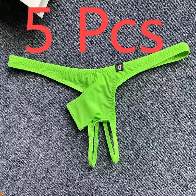 5 Pcs  Men\'s Sexy Low Waisted Thong With Short Elephant Trunk  Ice Silk Thin Cut Hollowed OutThin Straps Solid Color Underware