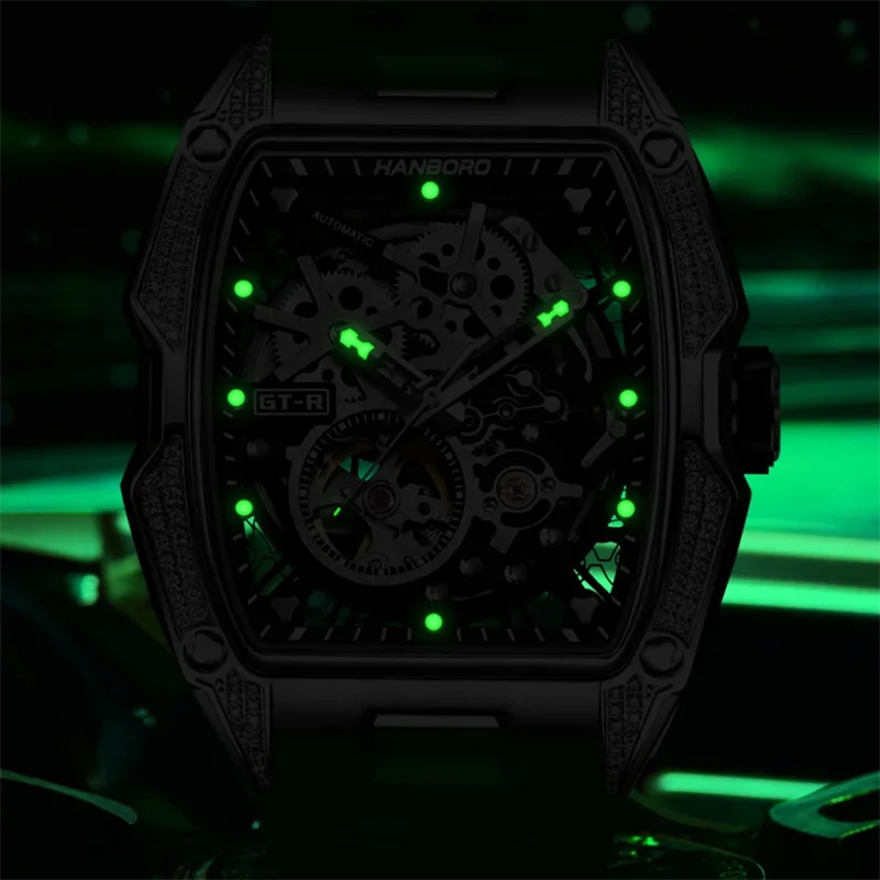 HANBORO Men Automatic Watch Hollow Out Large dial Luxury Brand Men mechanical watch Luminous waterproof Fashion Man Wristwatch