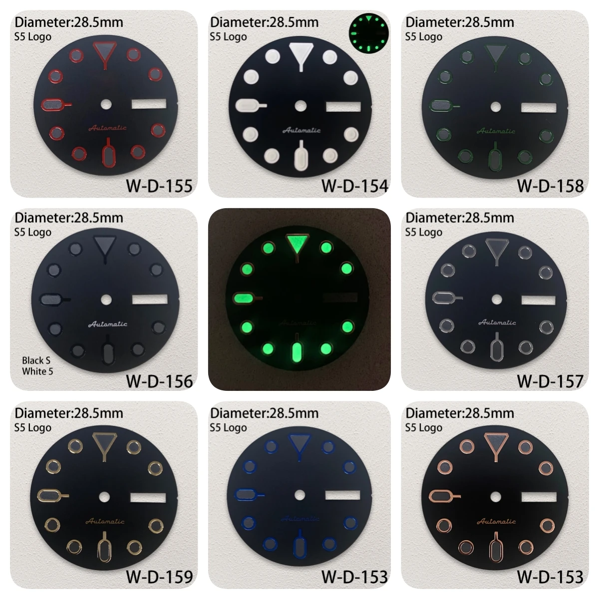 

28.5mm S5 Logo SKX007 Dial Fit NH36/4R36 Movement Green Luminous Matte Black Dial Watch Modification Accessories