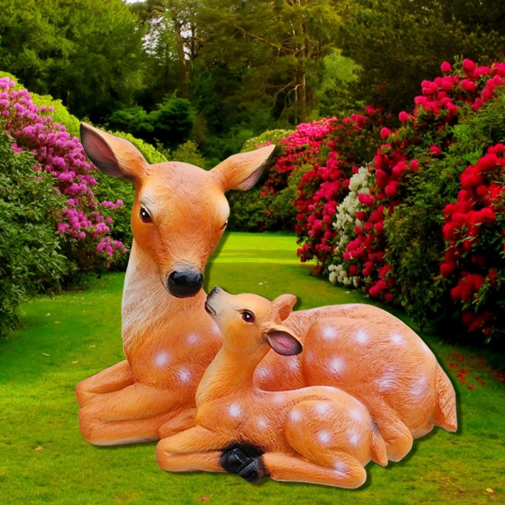 1 Set Resin Deer Figurine For Garden, Lifelike Fawn And Doe Sculpture, Outdoor Lawn Ornament, Durable Yard Statue Decor