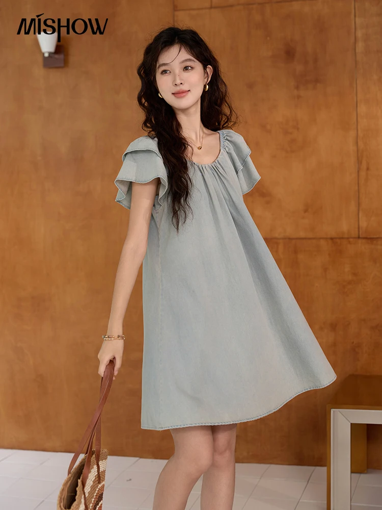 

MISHOW Double Layered Flying Sleeve Denim Dress for Women 2024 Summer Loose Waist Solid Crossed Off Back A-LINE Dress MXD29L2001