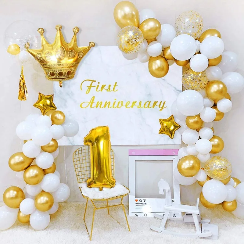 34Pcs/Set Baby First Year Party Decoration Gold Confetti Crown Balloon Birthday Party Baby Shower Balloon Garland Arch Kit Decor