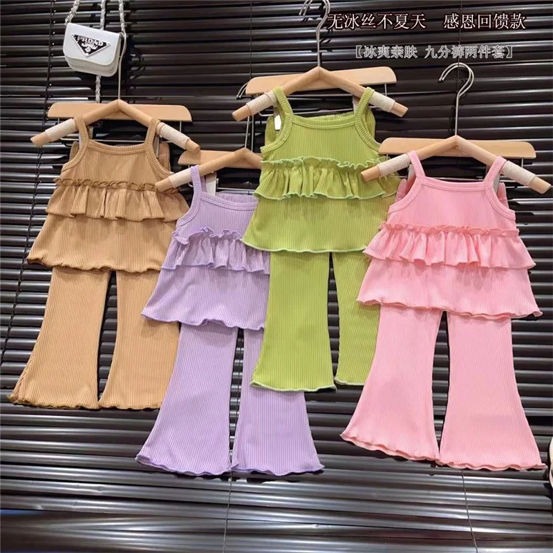 

Summer Girls Sling Sets Kids Solid Color Ribbed Ruffled Camisole Suits Children Clothes Tops+Flare Long Pants 2Pcs Sweet Outfits