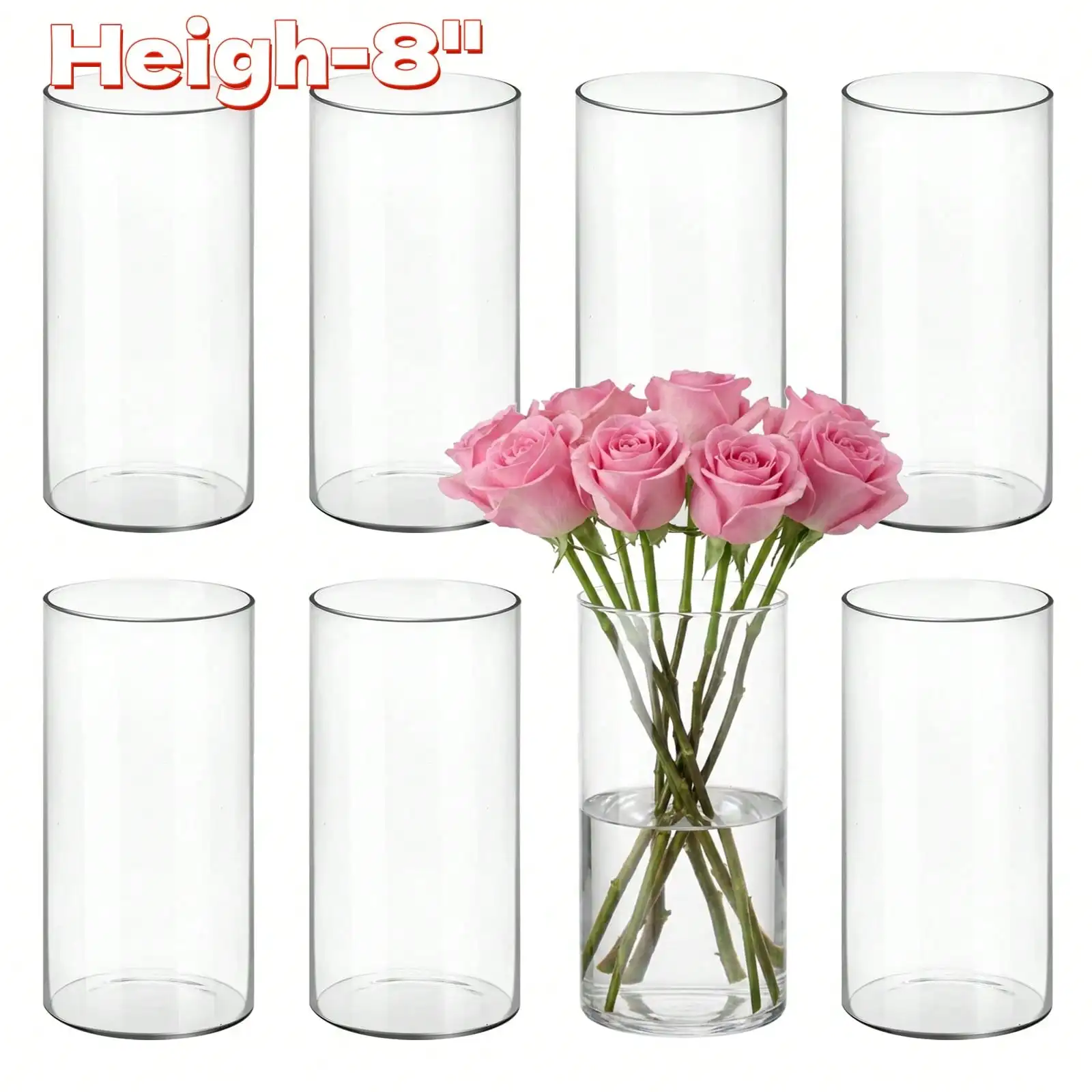 8pcs Clear Glass Cylinder Vase (H:8/10/12