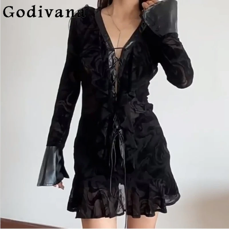 

Spring Autumn Personality Dark Sexy Lace-up V-Neck Long Sleeve Dress Street Girl Ruffles Black Flare Sleeve Slim Fit Dresses