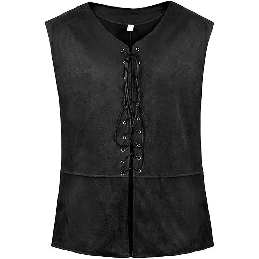 2026 Men Pirate Medieval Vest Leather Lace Up Renaissance Waistcoat Vintage Brown Gothic Steampunk Sleeveless Cosplay Costume view 3