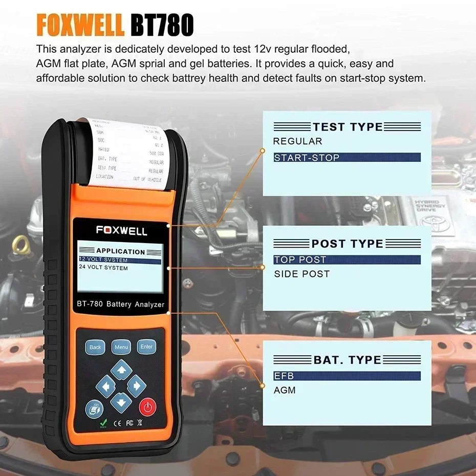 FOXWELL BT780 12V Battery Tester Check Health AGM GEL EBP Batteries Analyzer Built-in Printer 12V-24V Starting Charging System