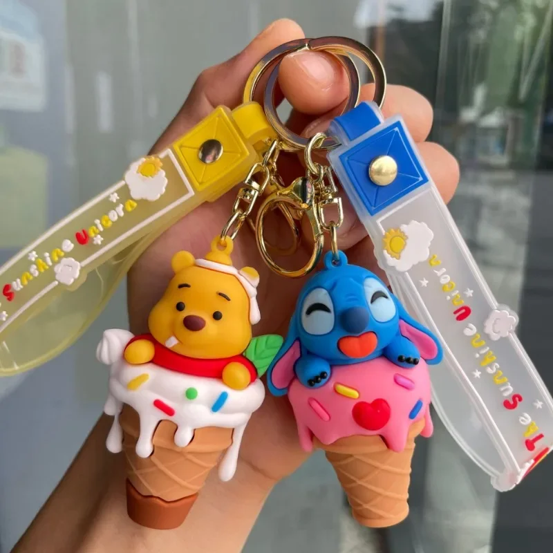 Disney Cartoon Ice Cream Keychain Strawberry Bear Alien Lilo & Stitch Winnie Anime Figures Doll Car Keychain School Bag Pendant