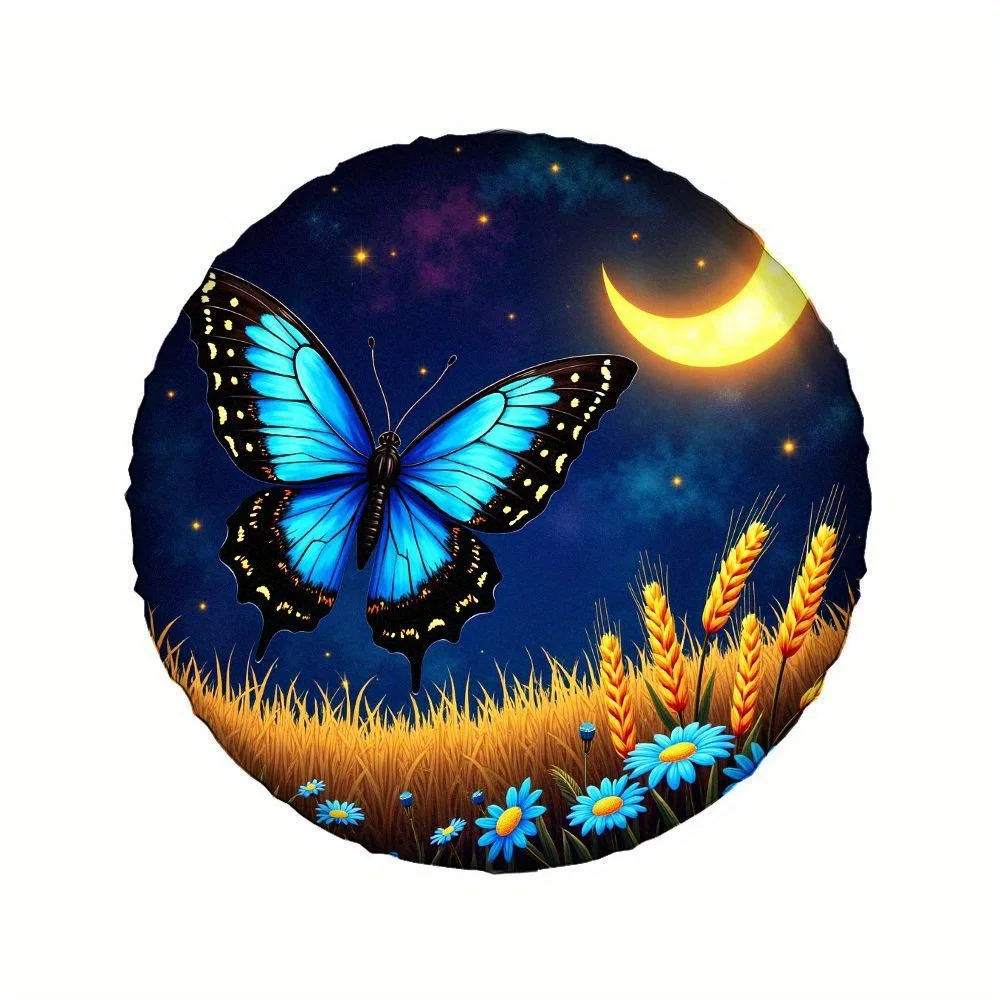 

Подходит для автомобильного покрышка с ночным небесно-голубым бабочкой и золотыми пшеничными полями, дизайн полевых цветов, элегантное звездное колесо с лунным светом, Dura