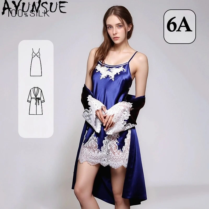 

AYUNSUE 100% натуральный шелковый комплект: ночная сорочка и халат для женщин, 19 мм, летний, сексуальный, 2026, пижама, женская одежда для сна