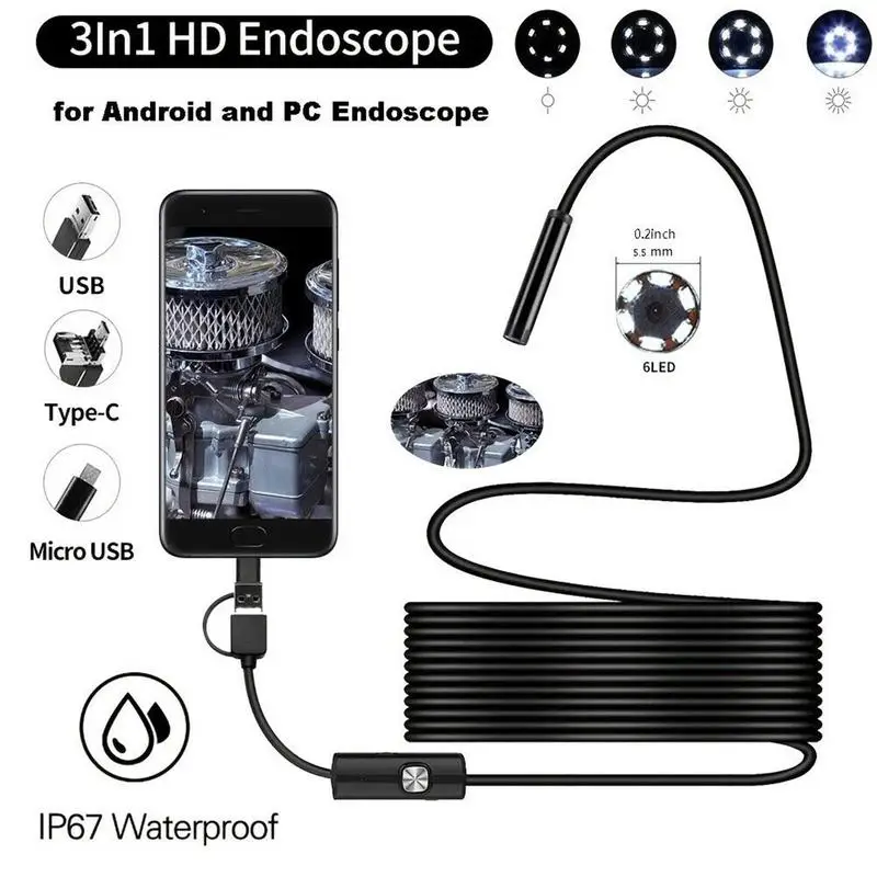 7mm Androids Industrial Endoscope Camera IP67 Waterproof 3IN1 USB/Micros USB/Type-C Borescope 6LEDs Adjustable Inspection Camera