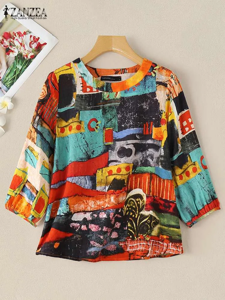 ZANZEA Women Autumn Blouse Vintage O Neck 3/4 Sleeve Tunic Tops Bohemian Holiday Shirt Female Loose Blusas Mujer Casual Chemise