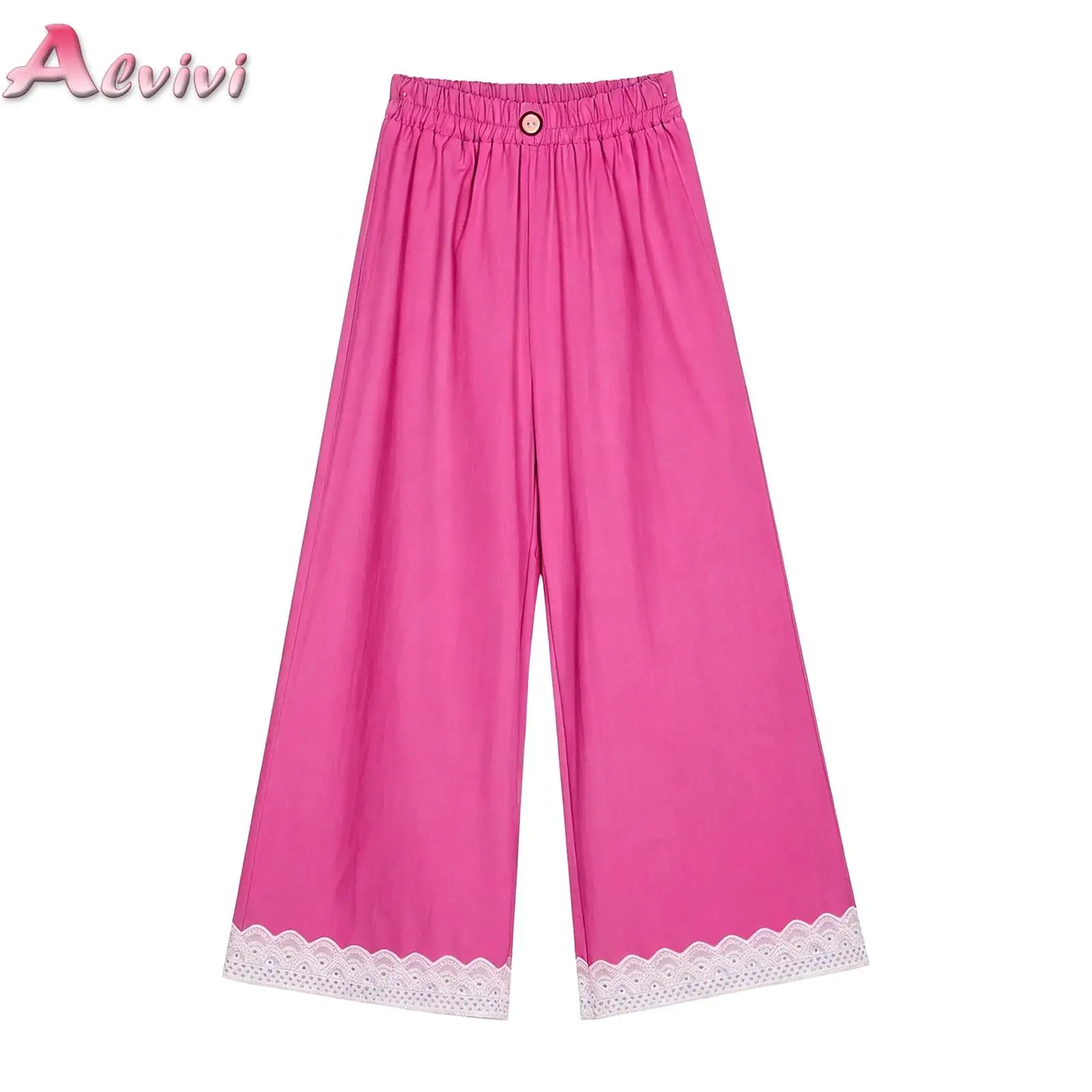 

Kids Lace Trim Wide-leg Pants Elastic Waistband Trousers for School Vacation Weekend Casual Outing Girls