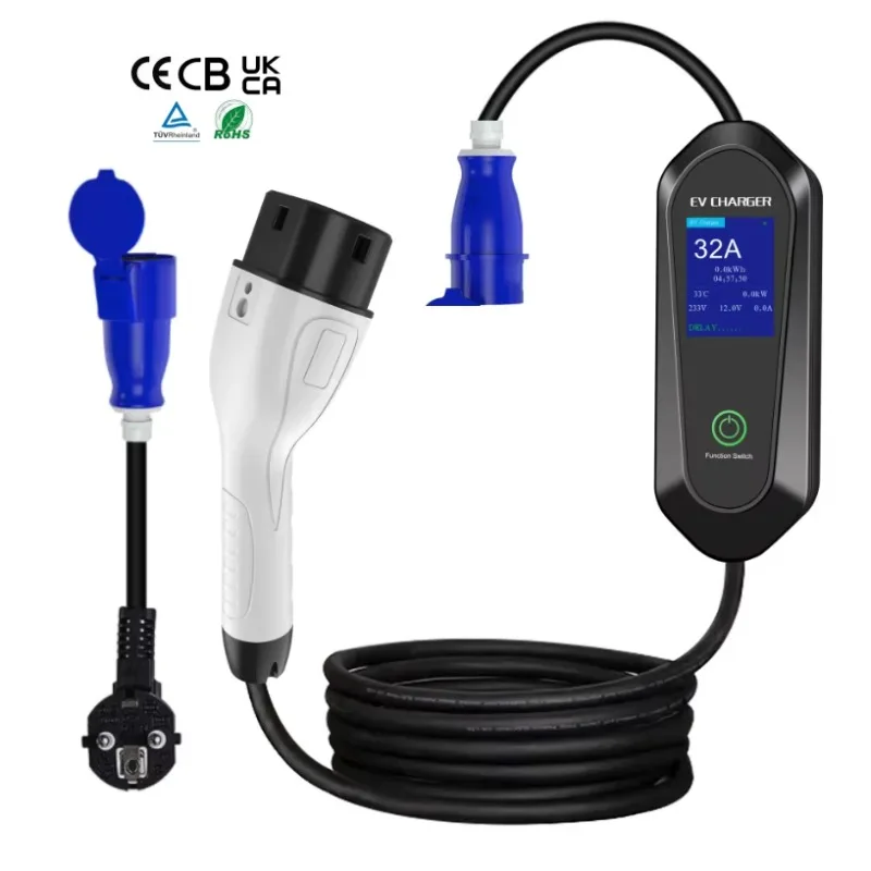 7KW Single‑Phase 32A Portable EV Charger Type 2 Electric Vehicle Charging Station With CEE Plug LCD Display