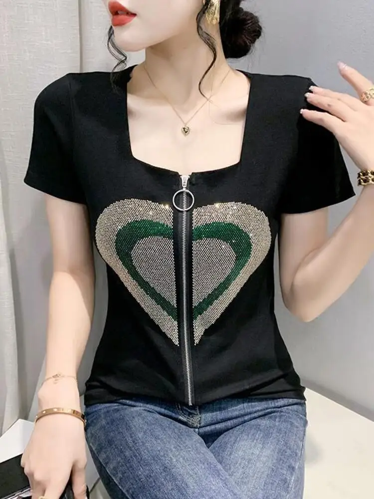 2023 Summer New Design Heavy Industry Zipper Hot Diamond Versatile Slimming Women's Top T-shirt Short Sleeve