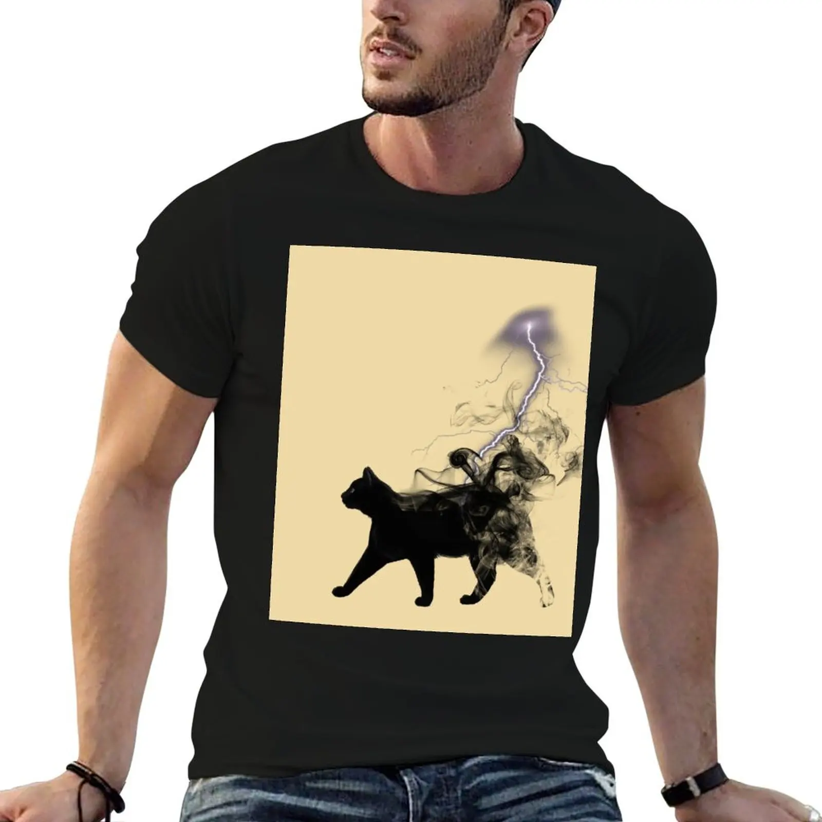 Black Cat Lightning and Metal T-Shirt Simple Solid Color Crew Neck Tee